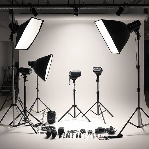 D√©tail de l'√©quipement du studio : flashs, r√©flecteurs et accessoires.