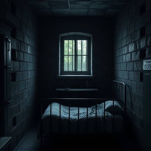 Fotograf칤a de una celda victoriana con una cama de hierro, una mesa peque침a y una ventana enrejada.