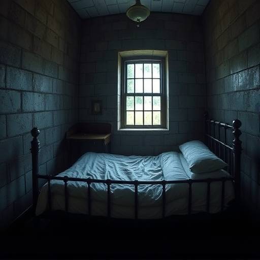 Fotograf칤a de una celda victoriana con una cama de hierro, una mesa peque침a y una ventana enrejada, reflejando la disciplina y el orden de la 칠poca.