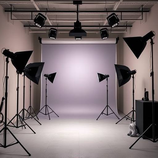Int√©rieur du studio photo avec diff√©rents fonds et √©quipements d'√©clairage.