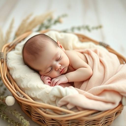 Photo d'un nouveau-n√© dormant paisiblement dans un panier, d√©cor√© avec des accessoires doux et naturels.