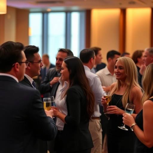 Photo d'un événement d'entreprise avec des participants discutant autour d'un cocktail.