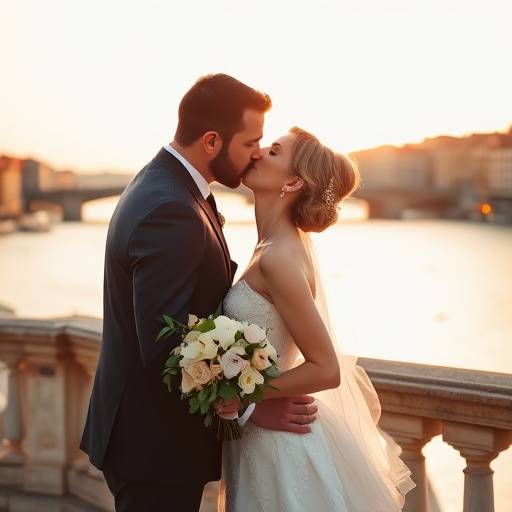 Photo de mariage en ext√©rieur d'un couple s'embrassant au bord de la Sa√¥ne √† Lyon.