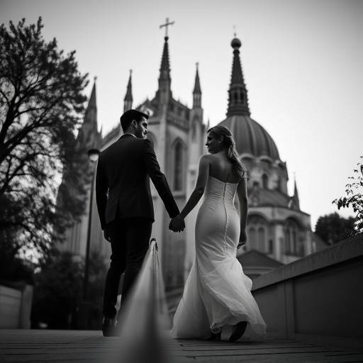 Photo en noir et blanc d'un couple mari√© se tenant la main devant la Basilique Notre-Dame de Fourvi√®re √† Lyon.