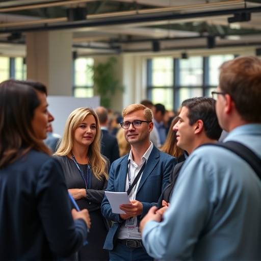 Photographie d'un √©v√©nement d'entreprise avec des participants interagissant pendant une conf√©rence.