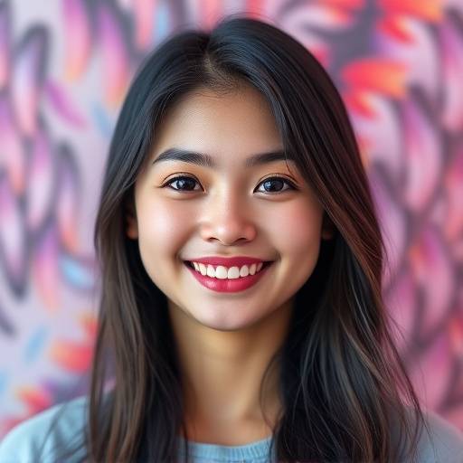 Portrait d'une jeune femme souriante devant un fond coloré.
